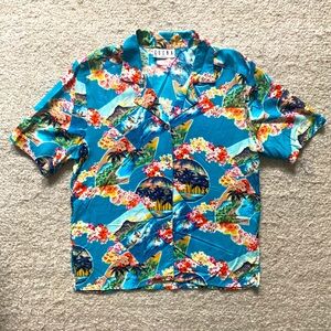 Erena Vintage Button-down Teal "Hawaiian Postcard" Petite Shirt Beach Floral